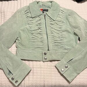 Mint Green Ruched Leather Jacket